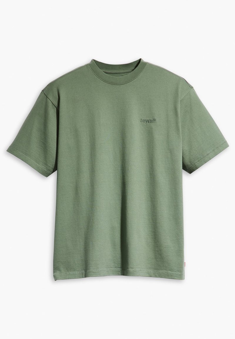 Olivenfarbene Baumwoll-T-Shirt mit Rundhalsausschnitt und kurzen Ärmeln, mit einem kleinen schwarzen Logo auf der linken Brust und einem geraden Saum.