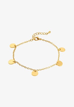 Bracelet chaîne en or avec cinq breloques rondes plates et un fermoir homard sur fond blanc.