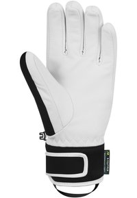 Guanti da portiere con palmo in cuoio bianco, fascia elastica nera, presa testurizzata e chiusura regolabile al polso con dettaglio del logo.