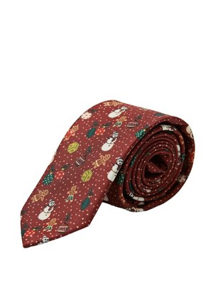 Rode das met een feestelijk patroon van sneeuwmannen, peperkoekmannetjes en kerstversieringen, netje opgerold met een gladde textuur.