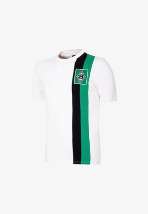 White short-sleeve t-shirt featuring a green and black vertical stripe on the left side, with a diamond logo on the chest. Made of soft fabric.