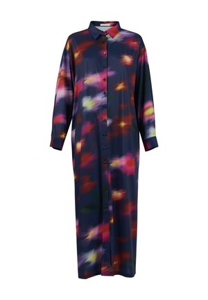Robe longue à boutons dans un tissu bleu foncé présentant des motifs abstraits colorés en rouge, jaune et vert. Elle a un col et des manches longues.