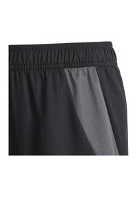 Schwarze Sportshorts mit einem dehnbaren Bund, vertikaler Rippstruktur und einem grauen Akzentpanel an der Seite.
