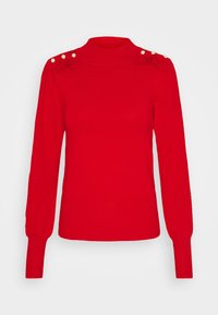Red knit sweater with a high neckline, long puffed sleeves, ribbed hem, and decorative buttons on shoulders. Features embroidered detail on front.