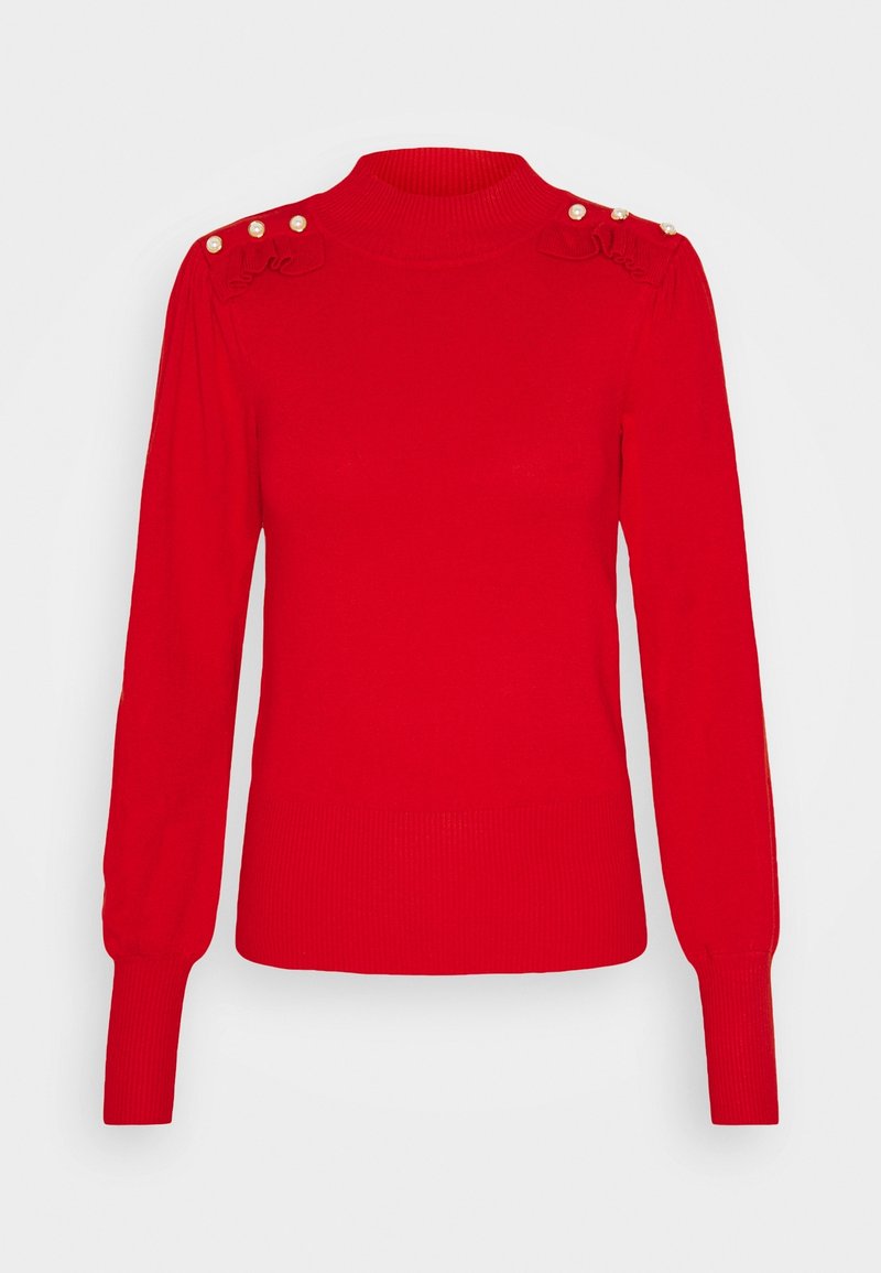Red knit sweater with a high neckline, long puffed sleeves, ribbed hem, and decorative buttons on shoulders. Features embroidered detail on front.