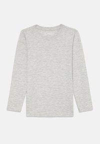 Helles graues Longsleeve-Shirt aus weichem Material mit rundem Halsausschnitt und geradem Saum. Verfügt über eine minimale Textur und keine sichtbaren Muster.