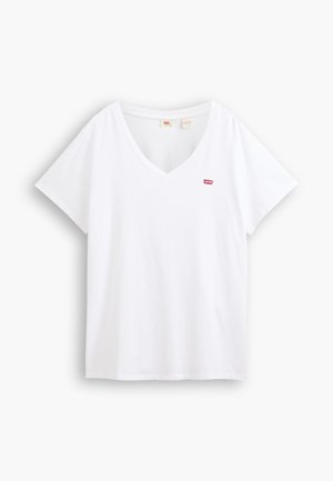 T-shirt en coton blanc avec col en V et manches courtes. Présente un petit logo rouge sur le côté gauche de la poitrine. Texture douce et coupe décontractée.
