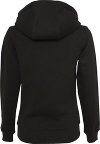 Felpa con cappuccio nera, in misto cotone, maniche lunghe, polsini e orlo a coste, texture liscia, design semplice senza loghi o motivi visibili.