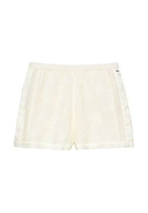 Kvinde-shorts i cremefarve med elastisk talje, sidelommer og subtil blomsterbroderi foran.