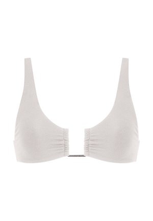 Top bikini grigio chiaro con texture morbida, spalline larghe, lati arricciati e una chiusura centrale, progettato per un look minimalista.