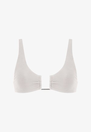 Hellgraues Bikini-Oberteil mit weicher Textur, breiten Trägern, gerüschten Seiten und einem zentralen Verschluss, entworfen für einen minimalistischen Look.