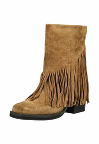Mittelhoher, brauner Wildlederstiefel mit langen Fransen an der Seite und einem niedrigen, schwarzen, gestapelten Absatz.