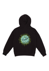 Zwarte sweatshirt met een capuchon, voorzien van een groen en blauw grafisch ontwerp op de achterkant. Zachte stof met ribgebreide manchetten en zoom.