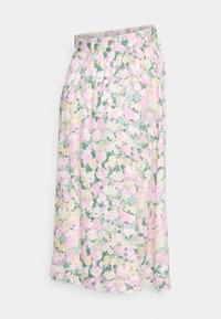 Květinová sukně s elastickým pasem, skládající se z pastelové barevné palety růžové, žluté a zelené barvy z lehkého materiálu.