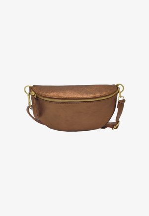 Sac bandoulière en bronze métallique avec une forme arrondie, fermeture à glissière dorée et bandoulière amovible. Texture lisse avec un éclat subtil.