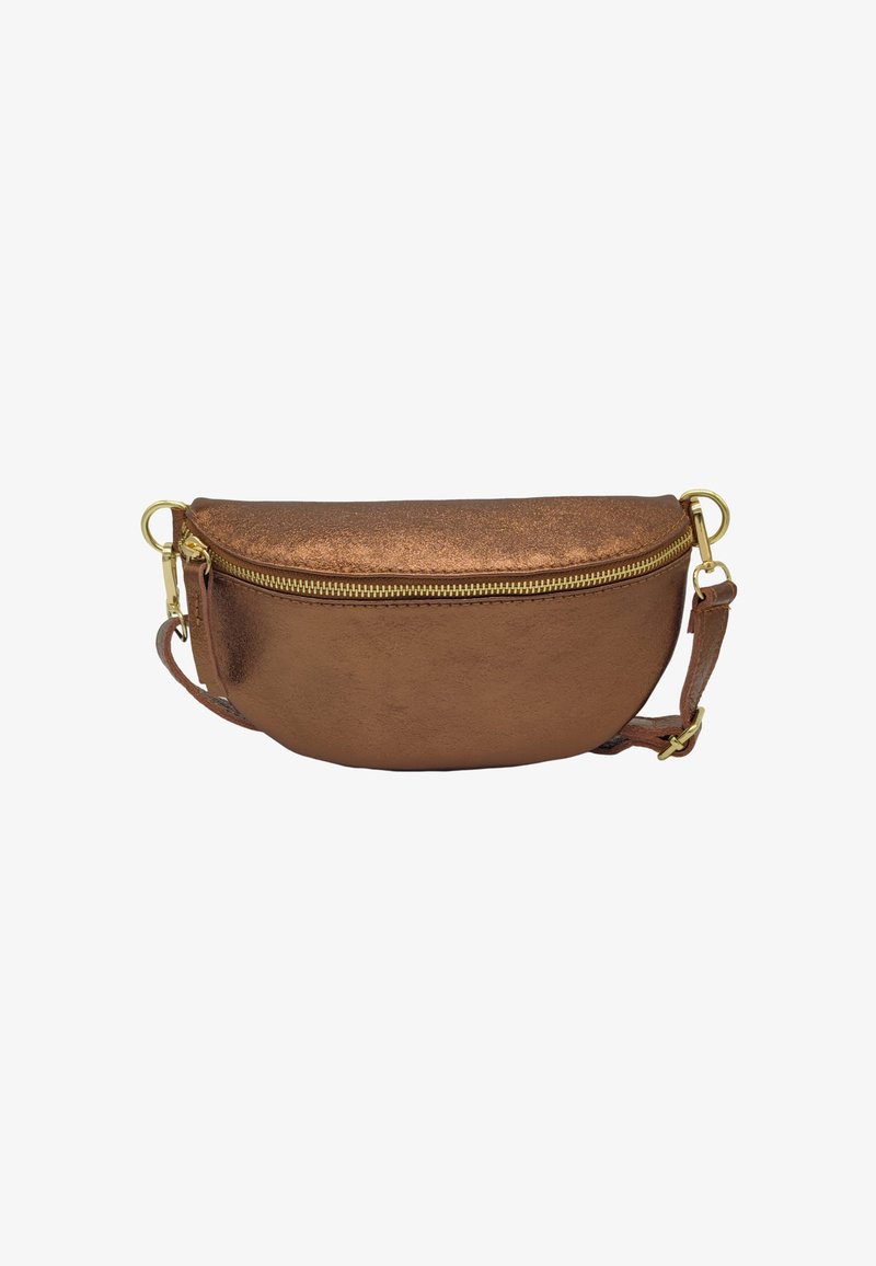 Sac bandoulière en bronze métallique avec une forme arrondie, fermeture à glissière dorée et bandoulière amovible. Texture lisse avec un éclat subtil.