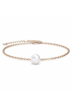 Bracciale a catena in oro rosa con un centro in perla bianca tonda e liscia. Presenta un gancio a moschettone e una lunghezza regolabile per una vestibilità ottimale.