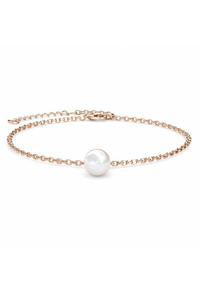 Bracciale a catena in oro rosa con un centro in perla bianca tonda e liscia. Presenta un gancio a moschettone e una lunghezza regolabile per una vestibilità ottimale.