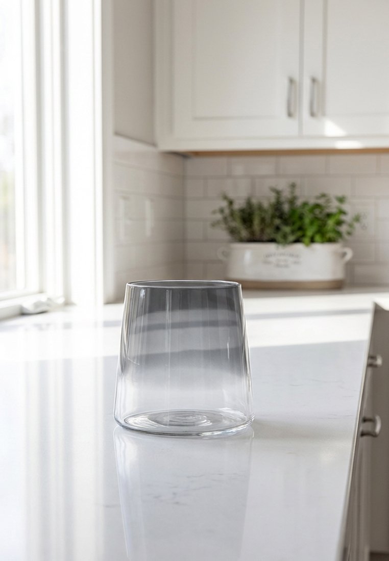 Przezroczysta szklanka odwrócona do góry dnem na białym blacie kuchennym, w tle w tle rozmyte doniczki z ziołami i szafki.