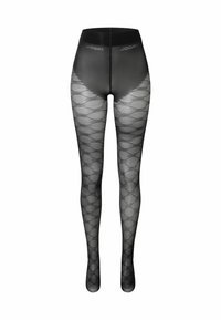 Calze nere a fantasia con un design trasparente e un motivo geometrico. Vita elastica con dettaglio del logo nella parte superiore.