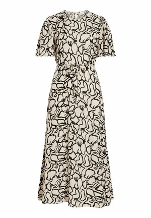 Robe midi beige à manches courtes, motif floral abstrait noir, encolure ronde, ceinture assortie en tissu à la taille.