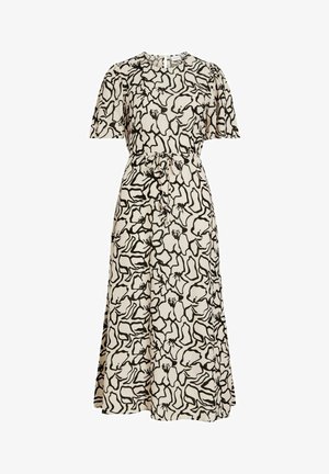 Robe midi beige à manches courtes, motif floral abstrait noir, encolure ronde, ceinture assortie en tissu à la taille.