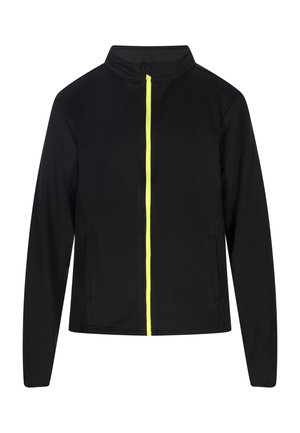 Zwarte softshell jack met hoge kraag en een heldergele rits, voorzien van twee zijzakken en een gestroomlijnd ontwerp.