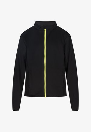 Giacca softshell nera con colletto alto e zip gialla brillante, dotata di due tasche laterali e un design slanciato.