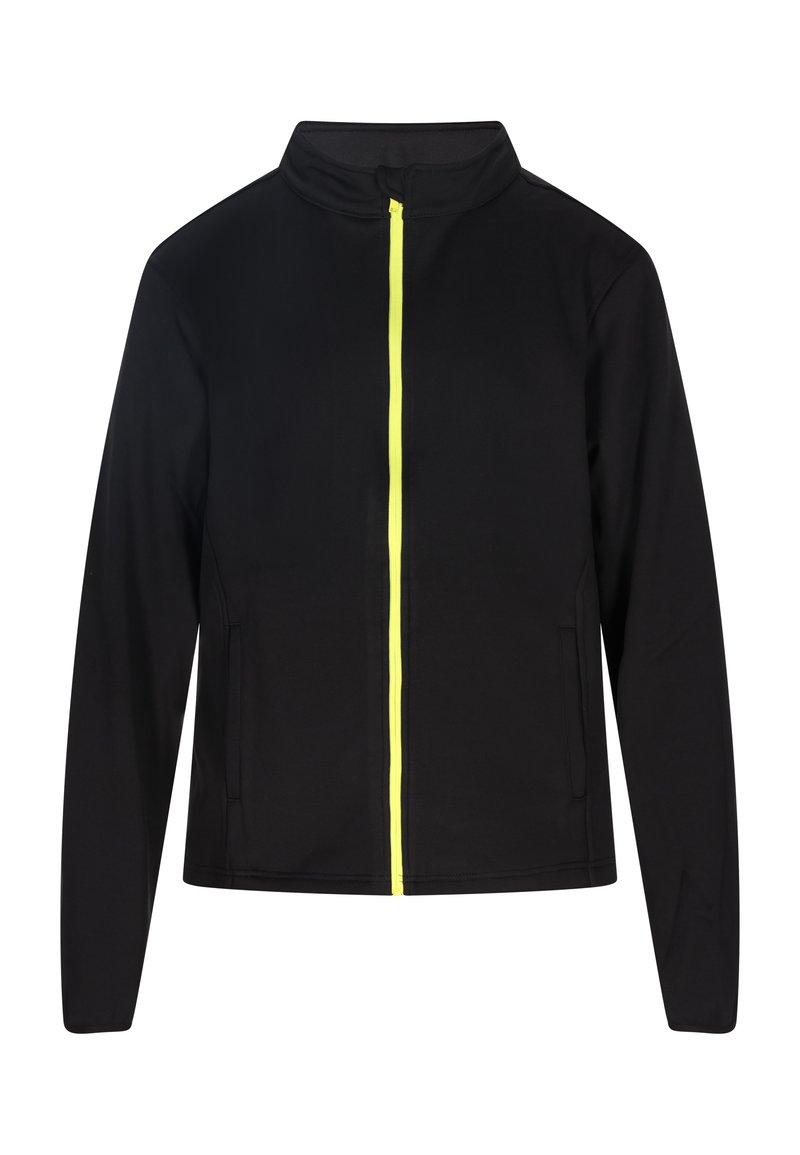 Schwarze Softshelljacke mit hohem Kragen und einem leuchtend gelben Reißverschluss, zwei Seitentaschen und einem schlanken Design.