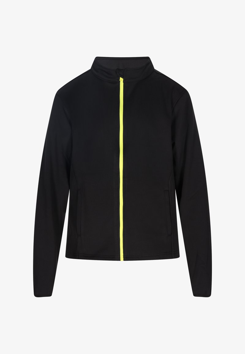 Fekete softshell dzseki magas gallérral és élénk sárga cipzárral, két oldalsó zsebbel és letisztult designnal.