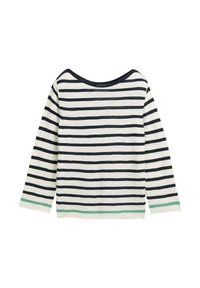Langarm gestreept shirt in off-white met zwarte en marineblauwe strepen, met een brede halslijn en een mintgroene accent aan de onderkant.