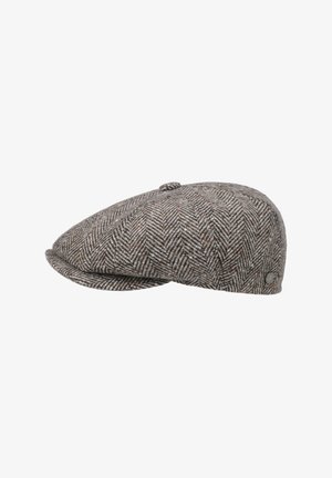 Wool cap with a herringbone pattern in gray and brown tones. Rounded shape, curved brim, and a button detail on top.