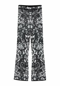 Black and white flared pants with a textured pattern, featuring a solid black waistband and intricate floral designs throughout.