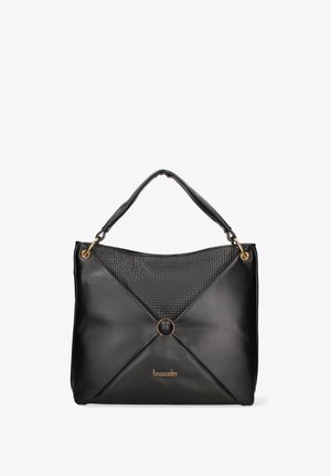 Borsa in pelle nera con un design triangolare testurizzato, hardware dorato e un accento circolare. Presenta una doppia maniglia per il trasporto.