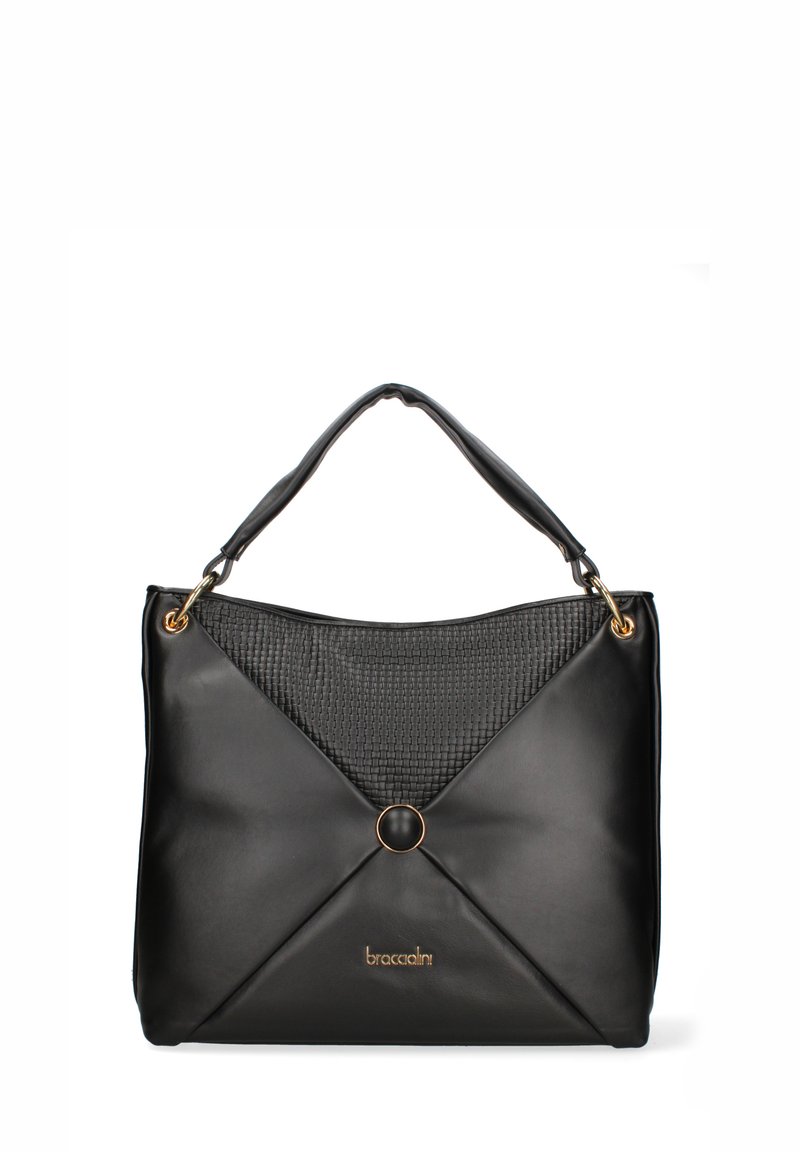 Sac en cuir noir avec un design triangulaire texturé, quincaillerie dorée et un accent circulaire. Équipé d'une double poignée pour le transport.