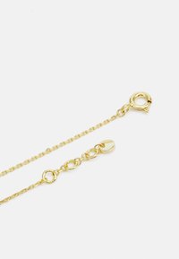 Collana in oro con catena, caratterizzata da anelli ovali interconnessi, una chiusura a moschettone e una lunghezza regolabile con un dettaglio a forma di cerchio.