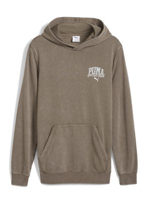 Ljusbrun huvtröja med känguruficka, prydd med en stor vit "PUMA sports club" logotyp på bröstet och en drarem till huva.