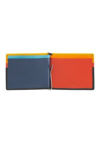Portafoglio in pelle colorato, con un esterno nero, slot per carte arancioni, rossi, blu navy e azzurri, e una clip metallica per una chiusura sicura.