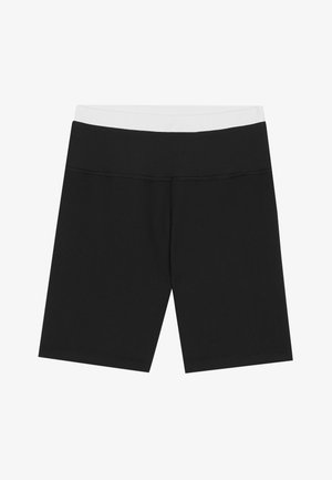 Juodos juostuotos šortai su balta elastinga juosta. Turi tiesią, prigludusią dizainą. Medžiaga atrodo elastinga ir lygi.