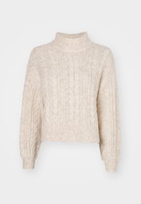 Cremfarbener Kabelstrickpullover mit hohem Kragen und cropped Design. Verfügt über dicke Rippbündchen und komplexe, strukturierte Muster.