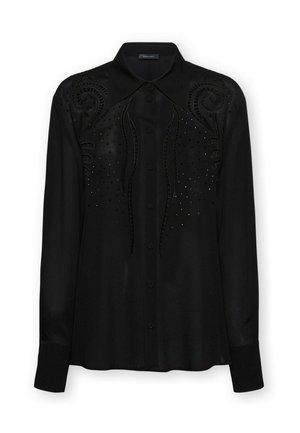 Blusa nera a maniche lunghe con bottoni, colletto a punta, ricamo decorativo a spirale e piccoli ornamenti a punti sul davanti e sulle spalle.