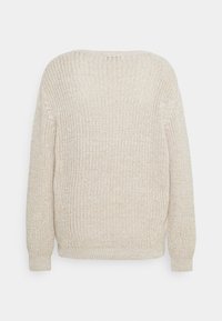 Krmovožlutý pletený svetr s volným střihem, spadlými rameny a žebrovanými manžetami. Texturovaná tkanina s objemným pletením.