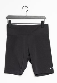 Pantalones cortos deportivos negros de material elástico, con una cintura ancha y un pequeño logotipo blanco en el borde inferior derecho.