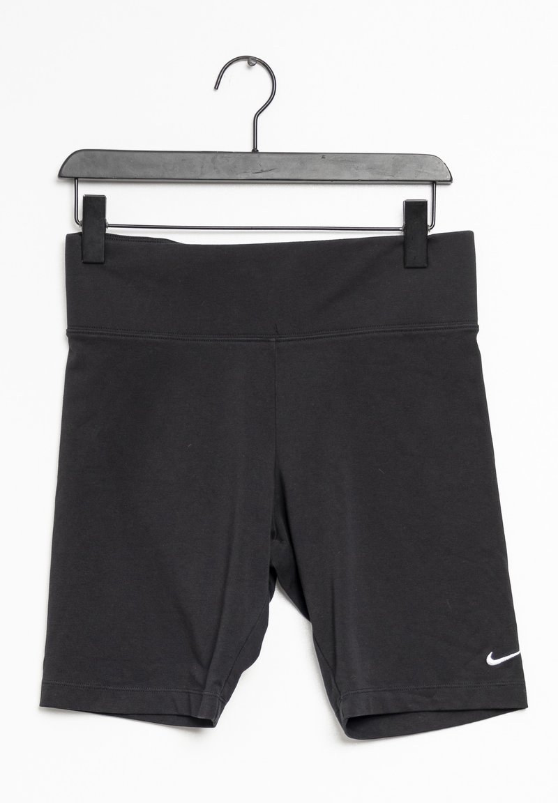 Pantalones cortos deportivos negros de material elástico, con una cintura ancha y un pequeño logotipo blanco en el borde inferior derecho.