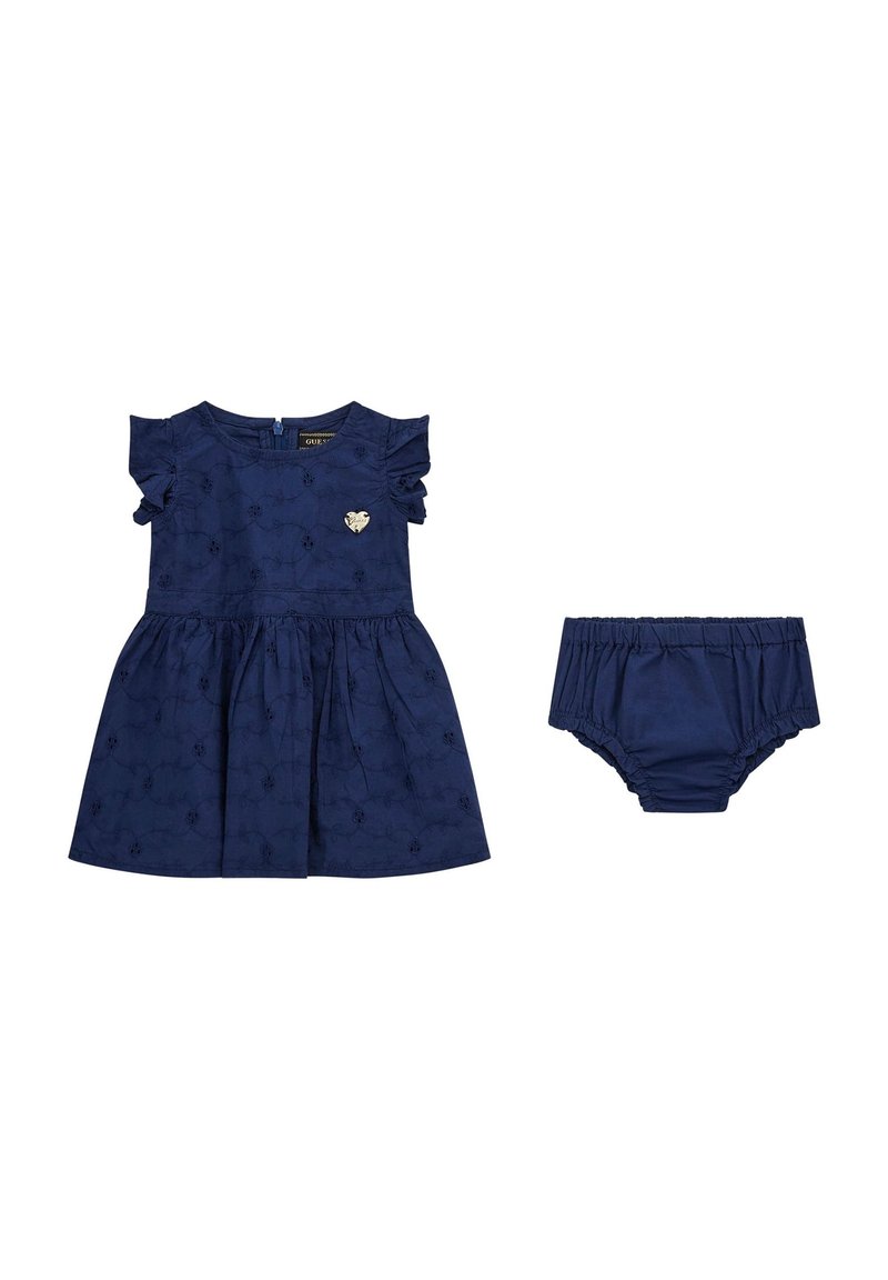 Navy blue dress with ruffled short sleeves, floral pattern, and a heart-shaped accent, paired with matching navy bloomers.