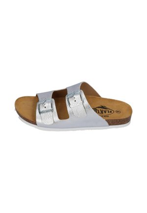 Silver two-strap sandal with adjustable metal buckles, cork sole, and tan cushioned footbed on white background.