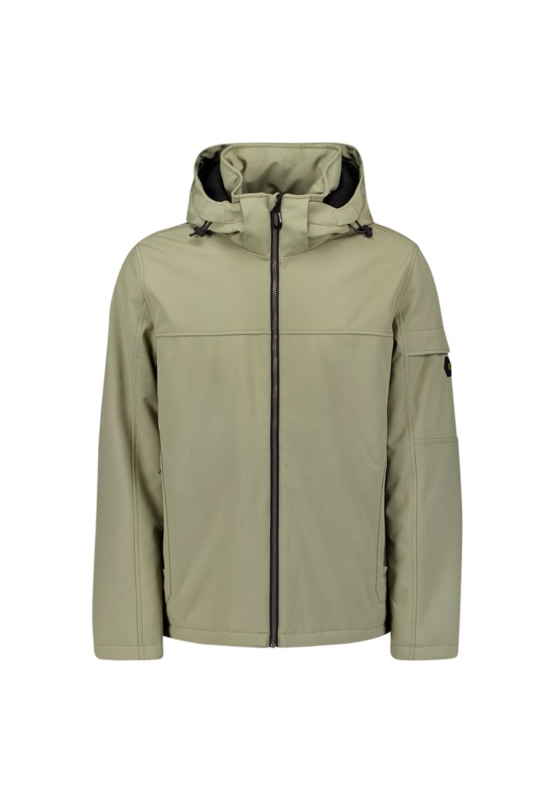 Veste zippée vert olive clair avec capuche, présentant une texture lisse et des accents noirs sur la fermeture éclair et l'intérieur de la capuche.