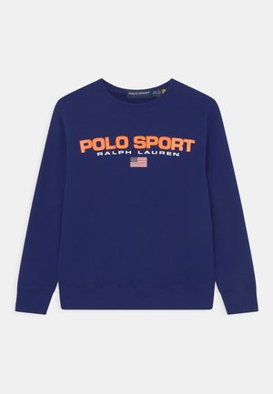 Námořnická modrá mikina se žebrovanými manžetami a lemem. Obsahuje nápis "POLO SPORT RALPH LAUREN" tučným oranžovým písmem a malou grafiku americké vlajky.
