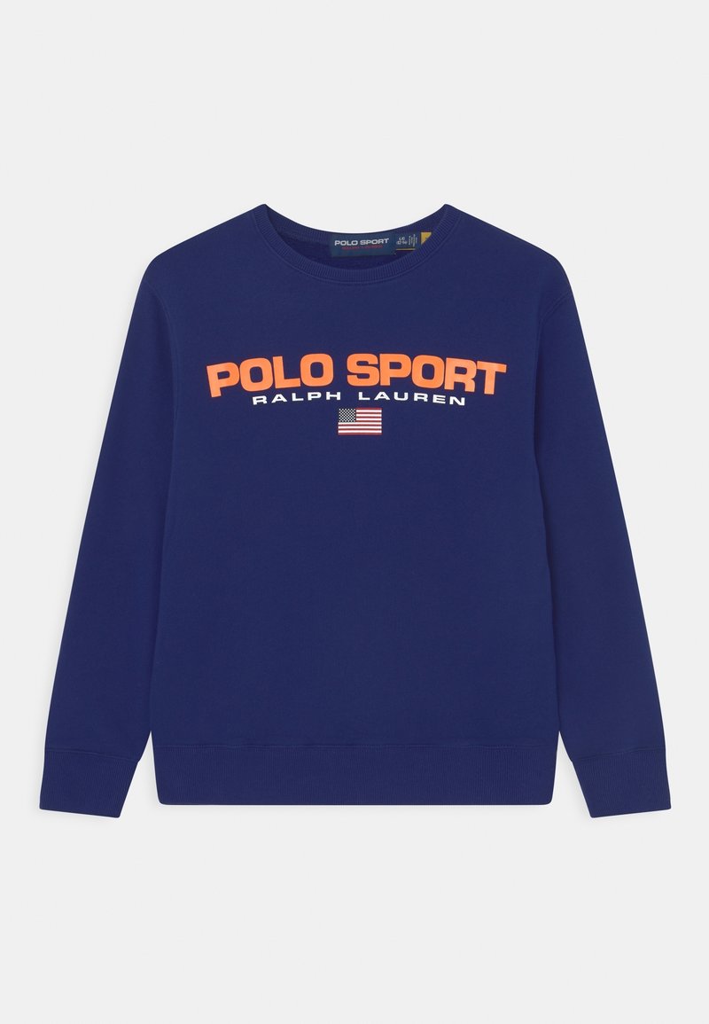 Marinblå sweatshirt med ribbade muddar och nederkant. Har "POLO SPORT RALPH LAUREN" i fet orange text och en liten amerikansk flagga som grafik.
