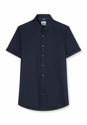 Marineblaues Kurzarmhemd mit Knöpfen, umgeschlagenen Manschetten, Standardkragen und schlankem Schnitt.